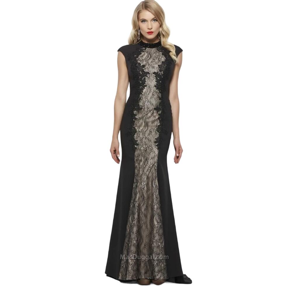 Mac Duggal Evening Black/Nude Lace Open Back High Neck Cap Sleeve Gown